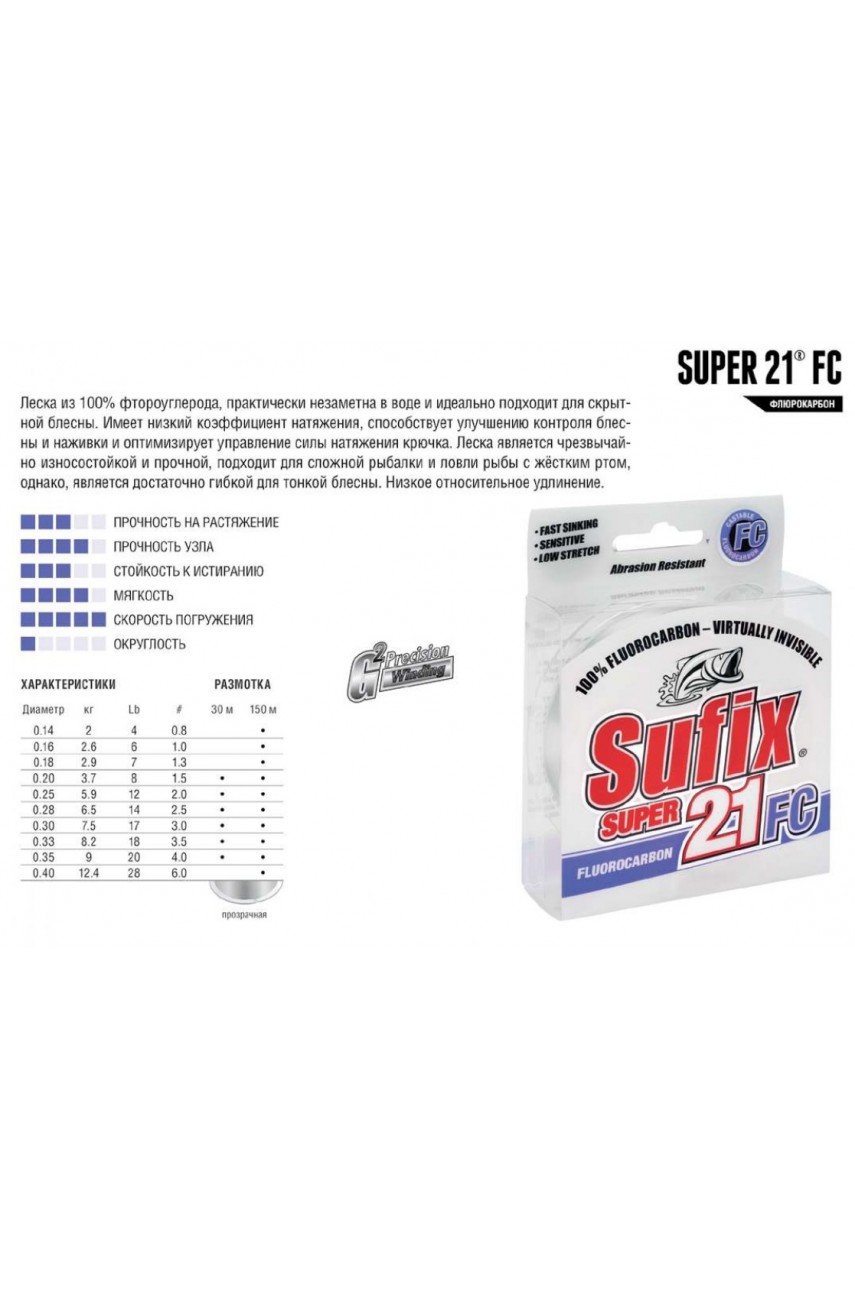 Леска SUFIX Super 21 Fluorocarbon прозрачная 30 м 0,30 мм 7,5 кг модель SS21FC30C30 от SUFIX