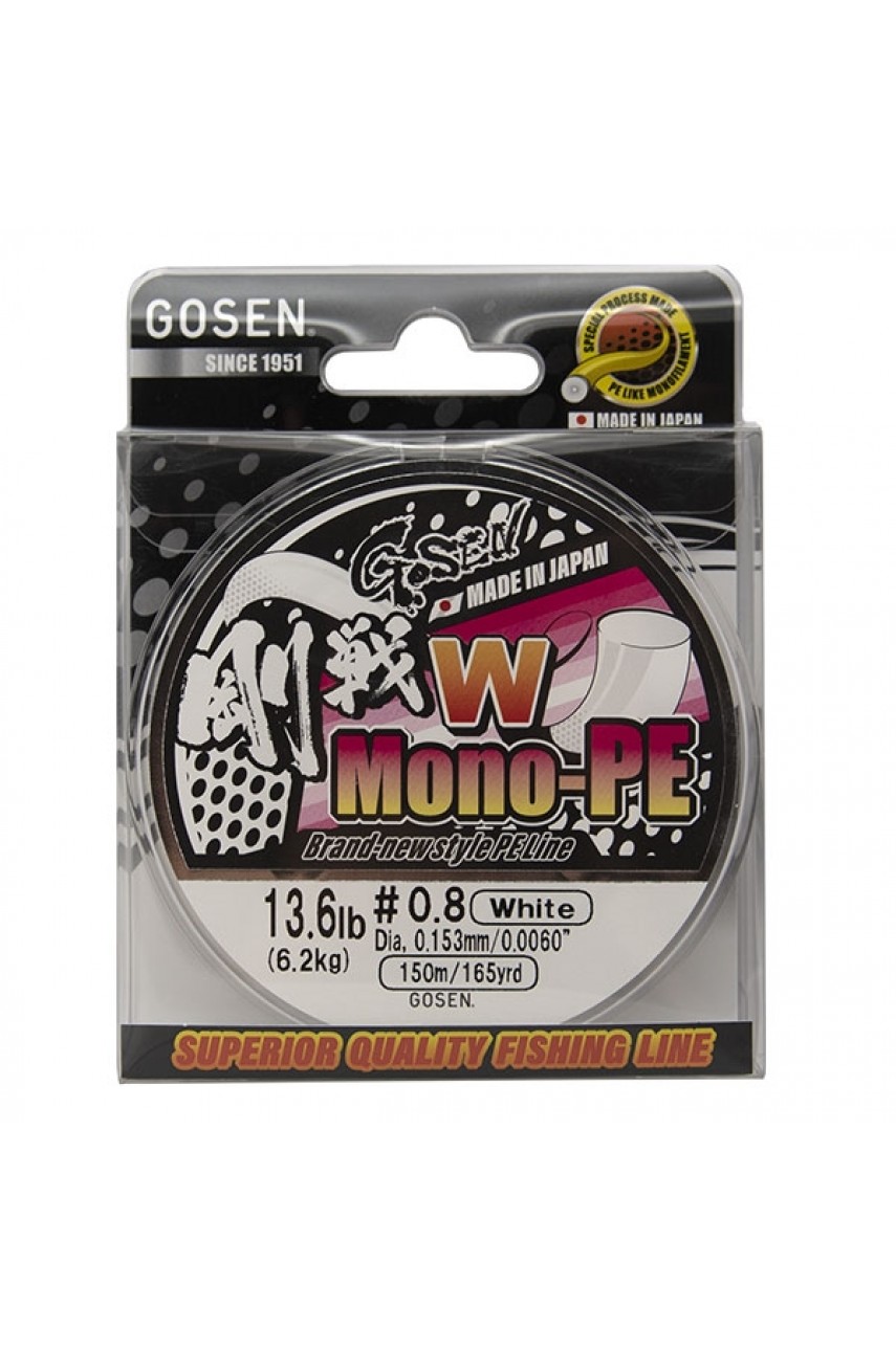 Шнур Gosen W Mono PE 150м White #0,2 (0,074мм) 2,1кг. модель WMO150W02 от Gosen