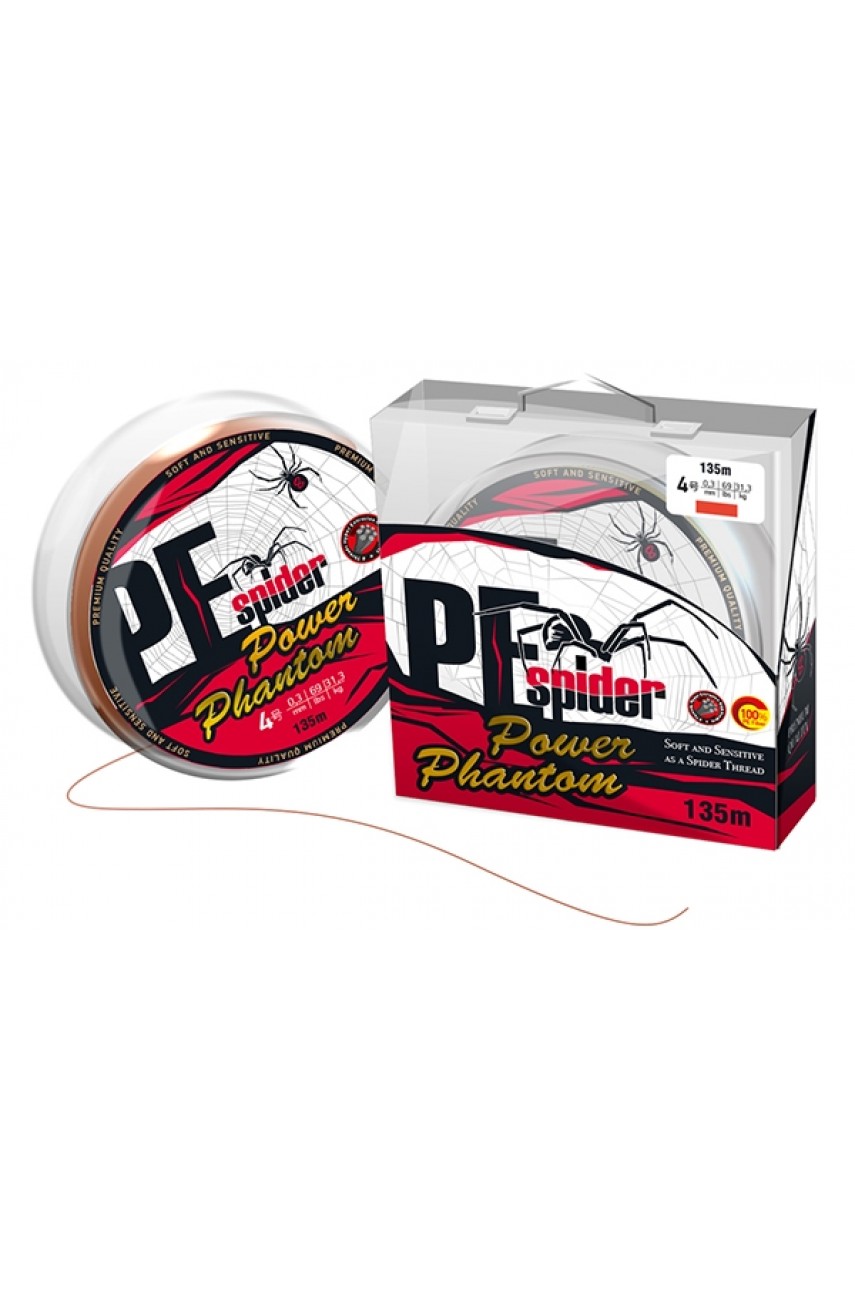 Шнур Power Phantom 8x, PE Spider, 135м, оранжевый #2,5, 0,25мм, 21,3кг