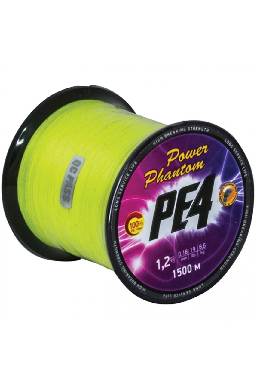 Шнур Power Phantom PE4, 1500м, флуоресцентный желтый  #1, 0,16мм, 7,7кг