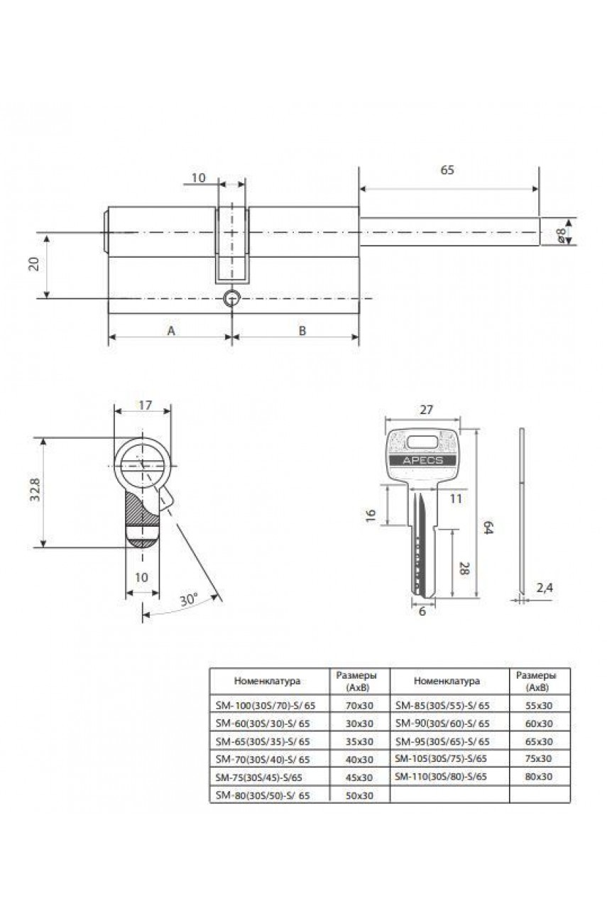 Апекс SM-105(30S/75)-S/65-NI перф. кл/шток. никель  Цилиндровый механизм (100,50,10)