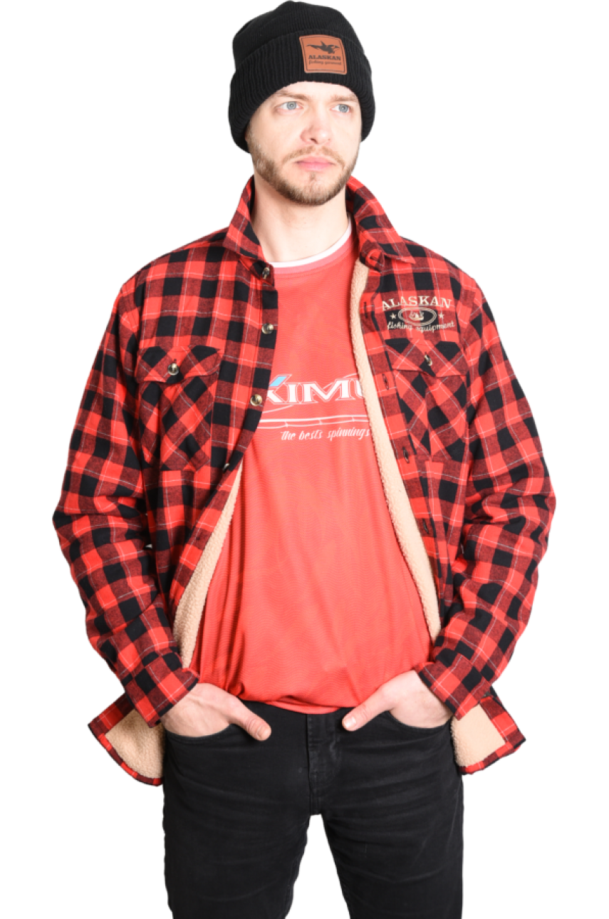 Рубашка с меховой подкладкой красная клетка   M