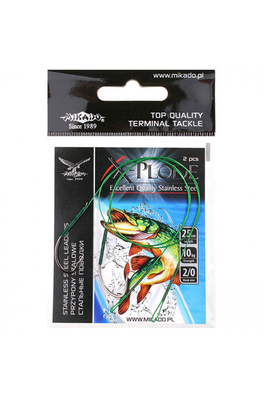 Поводок стальной Mikado X-Plode с крючком 25 см., 10 кг. ( 2 шт.)